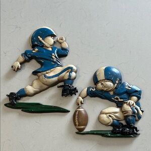 Homco 1976- Vintage Blue & Cream Football Player Wall Plaques - Pair